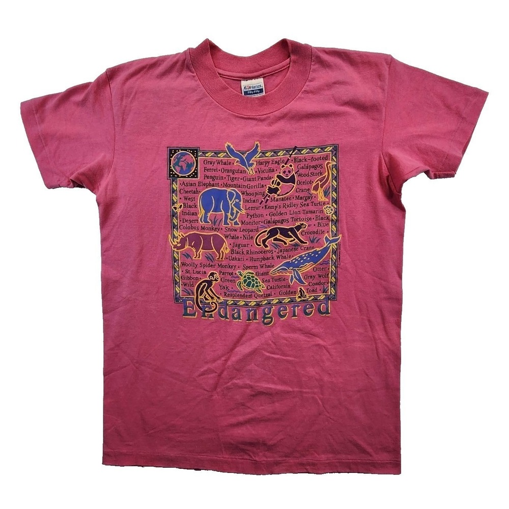 Hanes Endangered Animals Graphic Pink Kids Size L 14-16 Vintage 90s USA T-Shirt